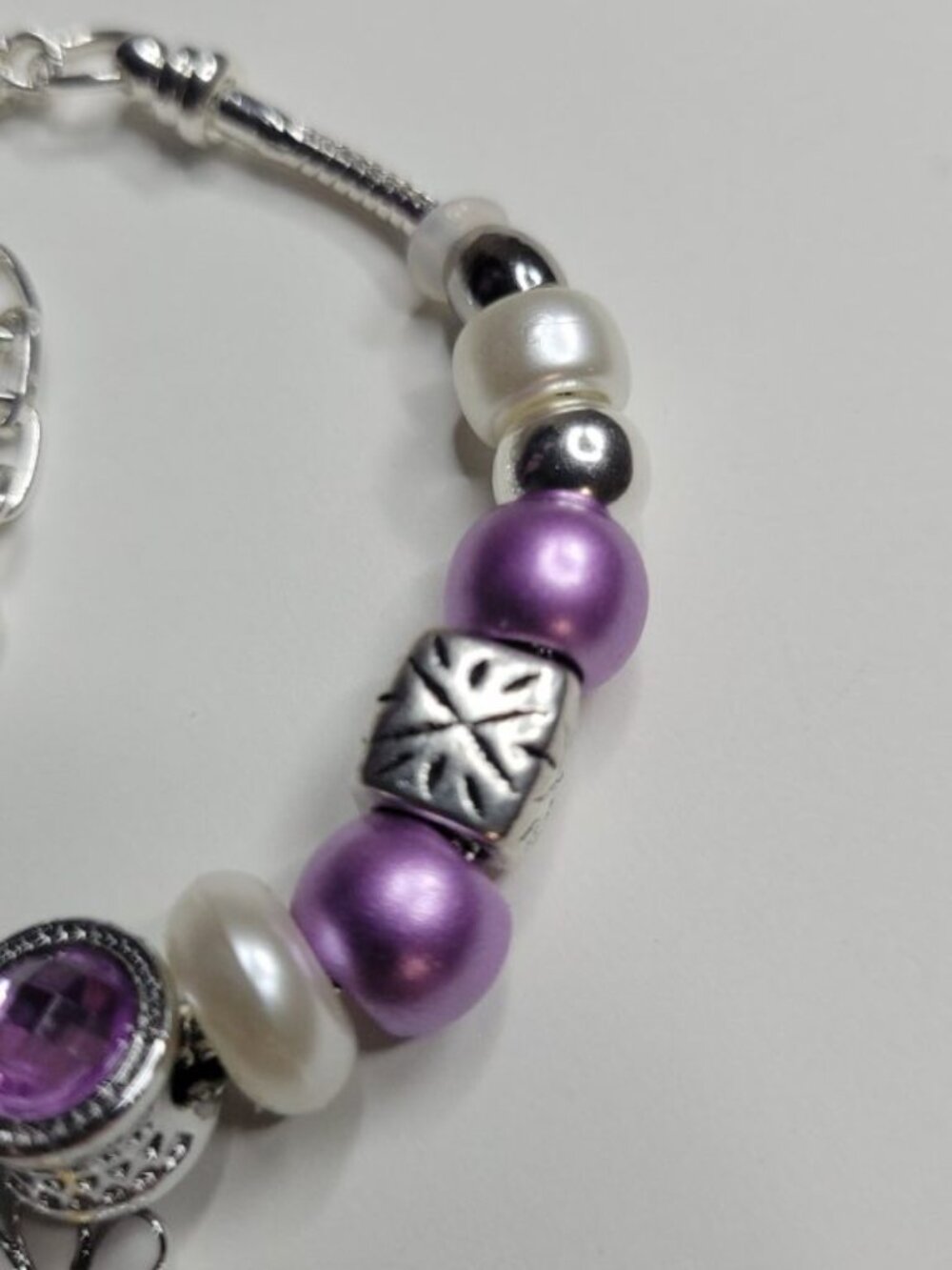 New Pandora Style Charm Bracelet Purple Silver Color White Daisy Stars Hearts - Picture 5 of 7